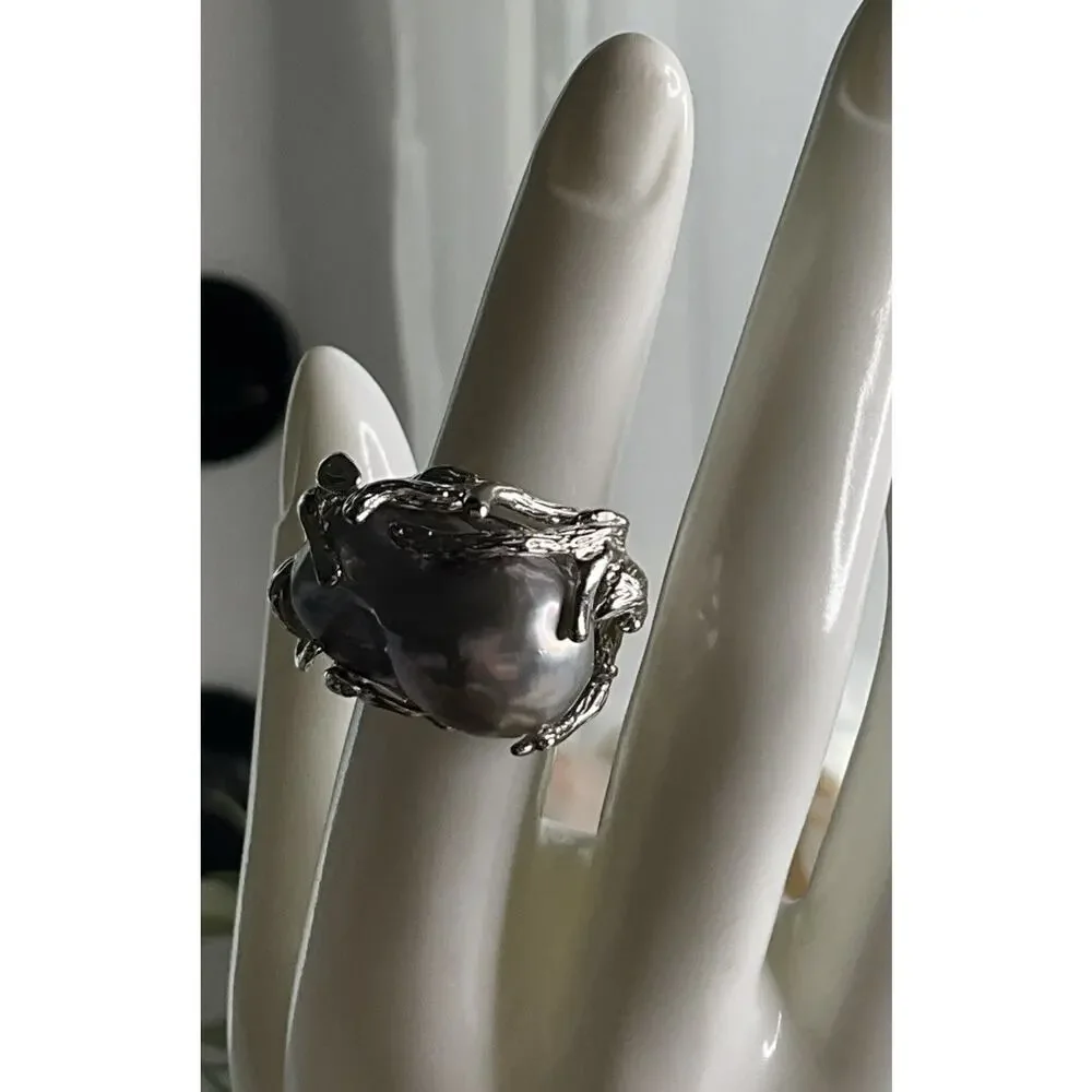 925 OP Sterling Silver Gray Baroque Pearl Branch Statement Ring 17g Size 6.5